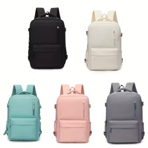 Five lightweight backpacks in black, white, gray, green, and pink