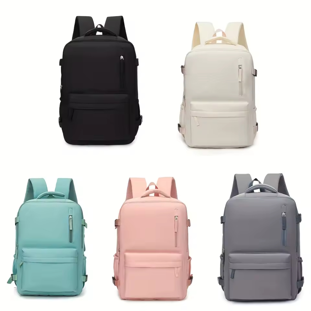 Five lightweight backpacks in black, white, gray, green, and pink